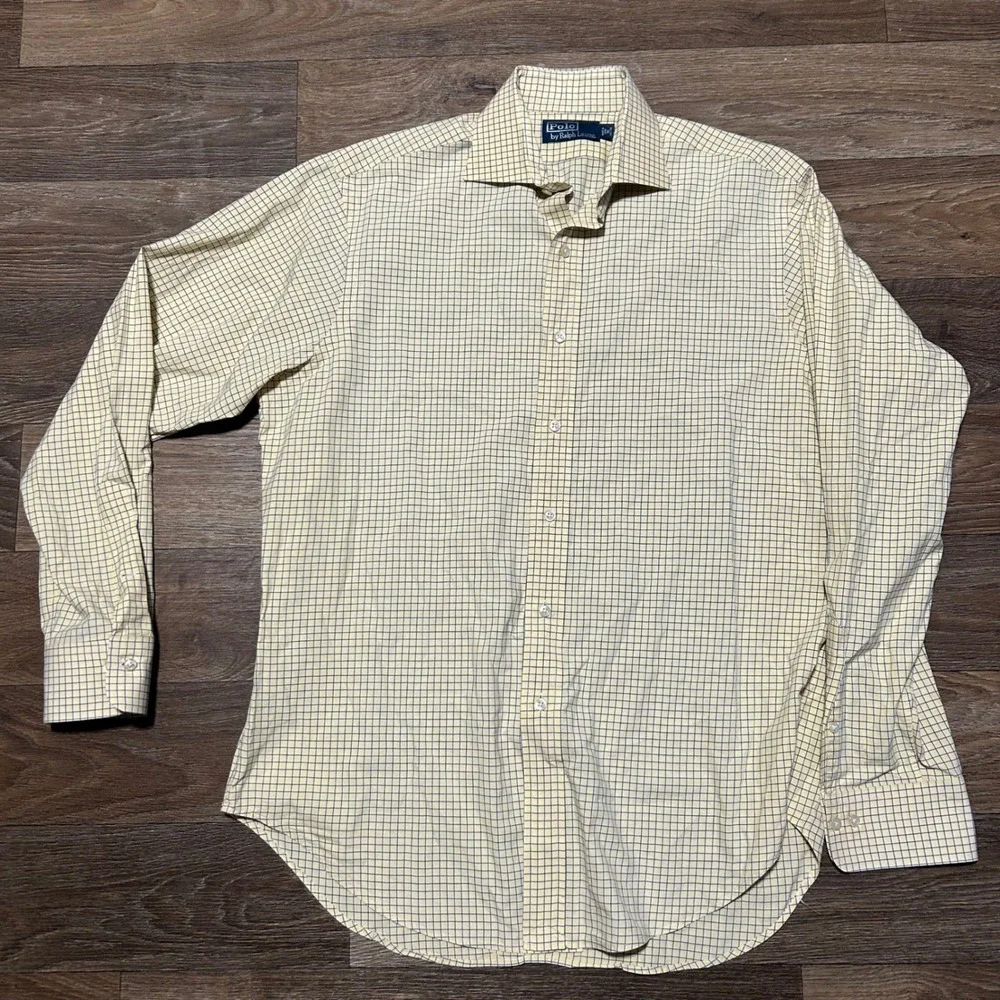 Polo Ralph Lauren Button Down Mens 16 34/35 Yellow Blue Check Spread Collar
